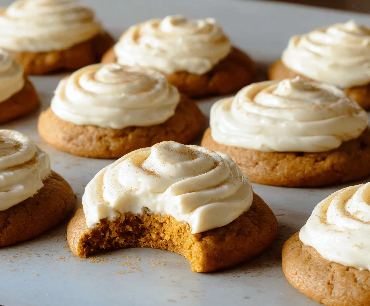 Delicious pumpkin cookies topped with creamy cream cheese frosting, perfect for fall treats and holiday desserts.
