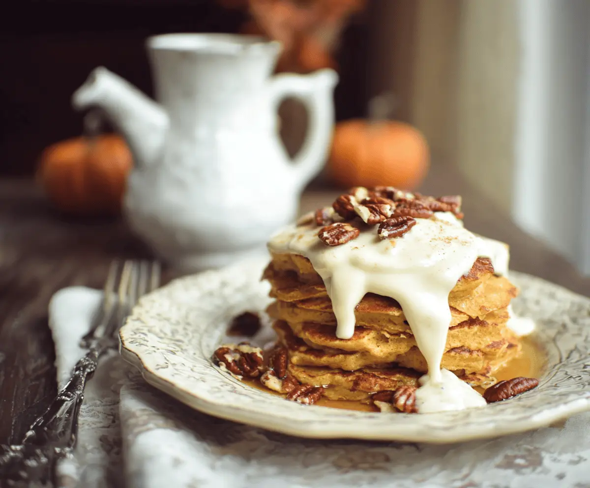 Fluffy pumpkin cream cheese pancakes topped with whipped cream and cinnamon, served on a plate with fresh pumpkin slices and maple syrup