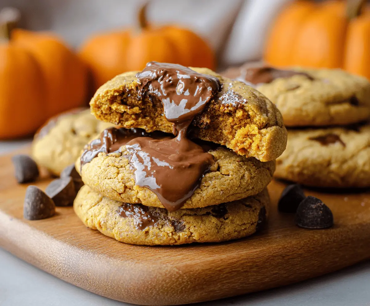 Delicious homemade Pumpkin Nutella Cookies on a white plate with fall-themed decorations, perfect for autumn desserts.
