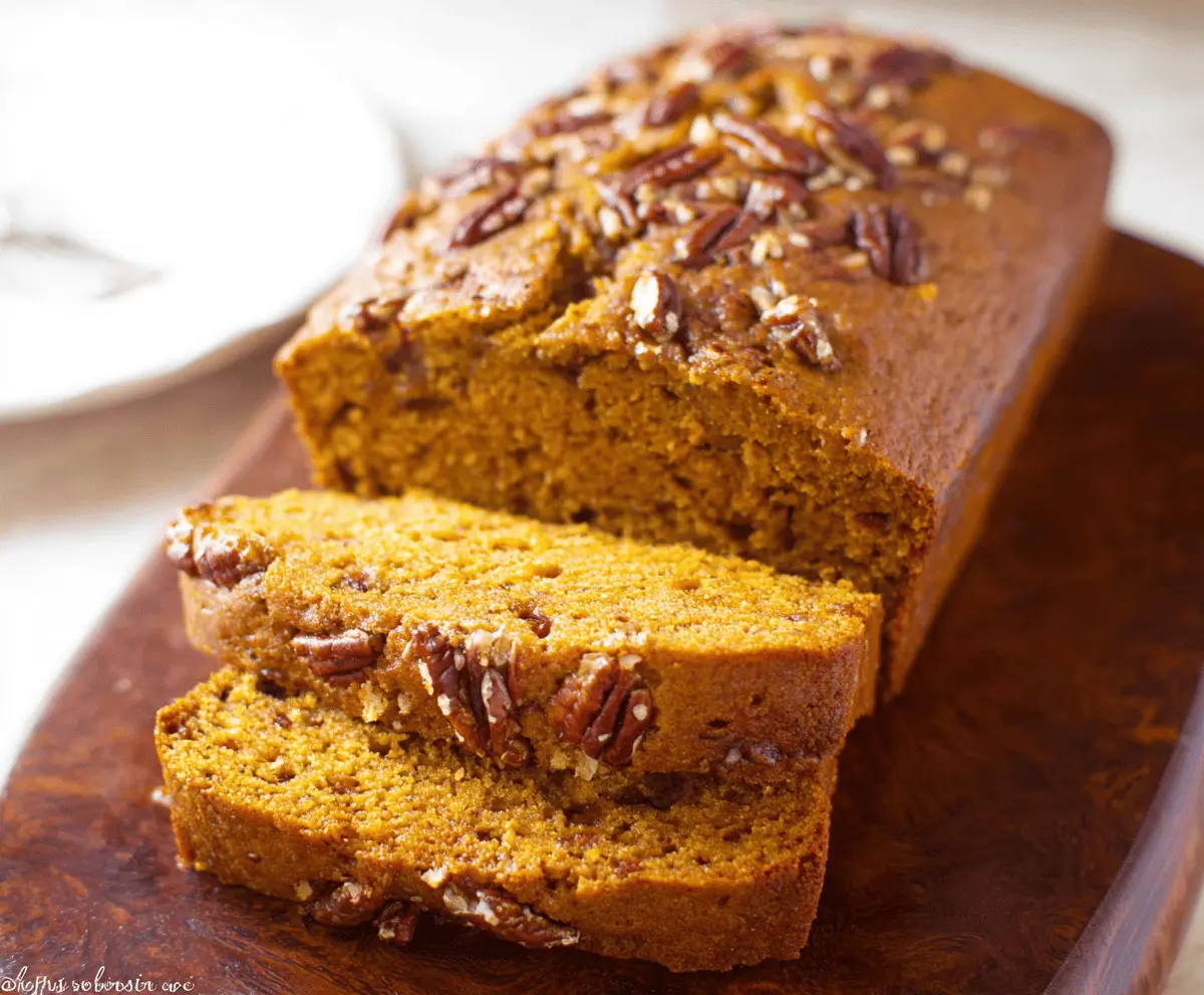 Golden Pumpkin Pecan Bread topped with toasted pecans and a drizzle of glaze, perfect for fall baking.