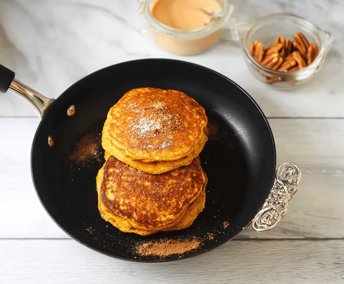 Fluffy pumpkin ricotta pancakes topped with syrup and fresh cinnamon, served with a side of autumnal fruits
