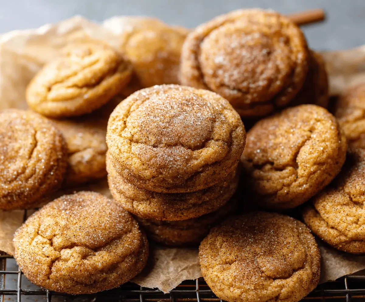 Delicious homemade pumpkin snickerdoodle cookies with cinnamon sugar topping on a rustic wooden surface.