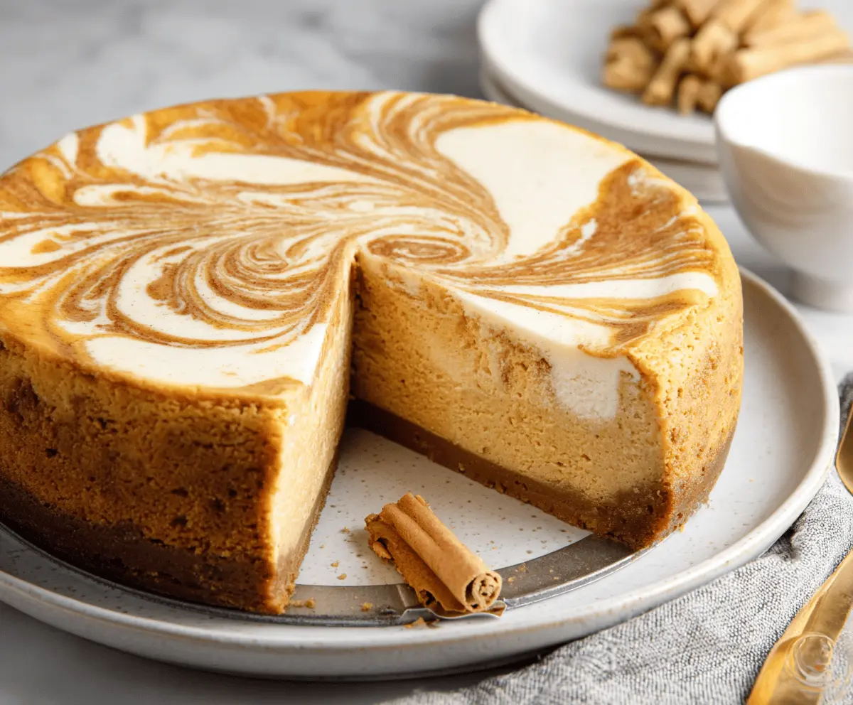 Creamy pumpkin swirl cheesecake topped with whipped cream and cinnamon, perfect for fall desserts.