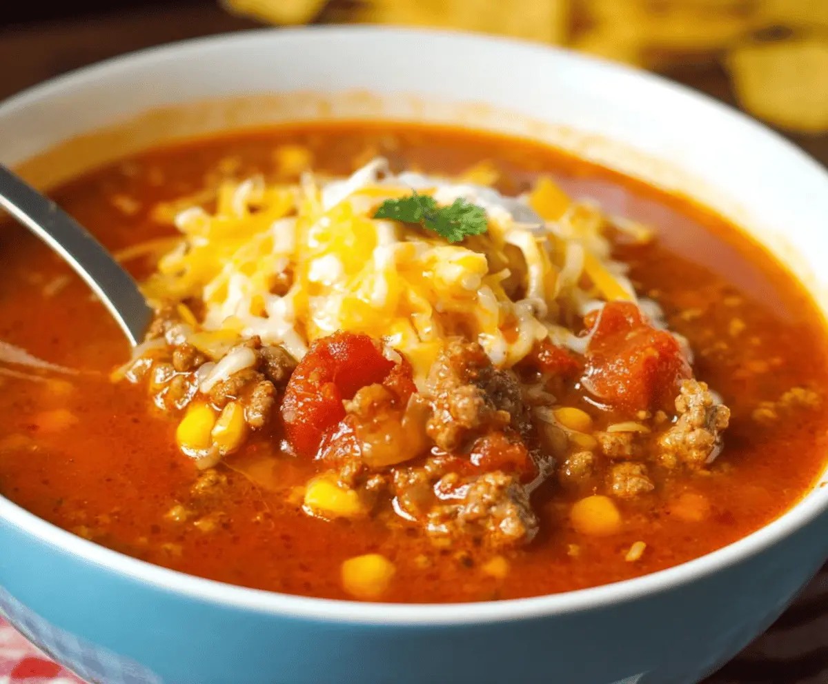 A bowl of flavorful Rotel Taco Soup topped with shredded cheese, sour cream, and fresh cilantro, served with tortilla chips on the side.