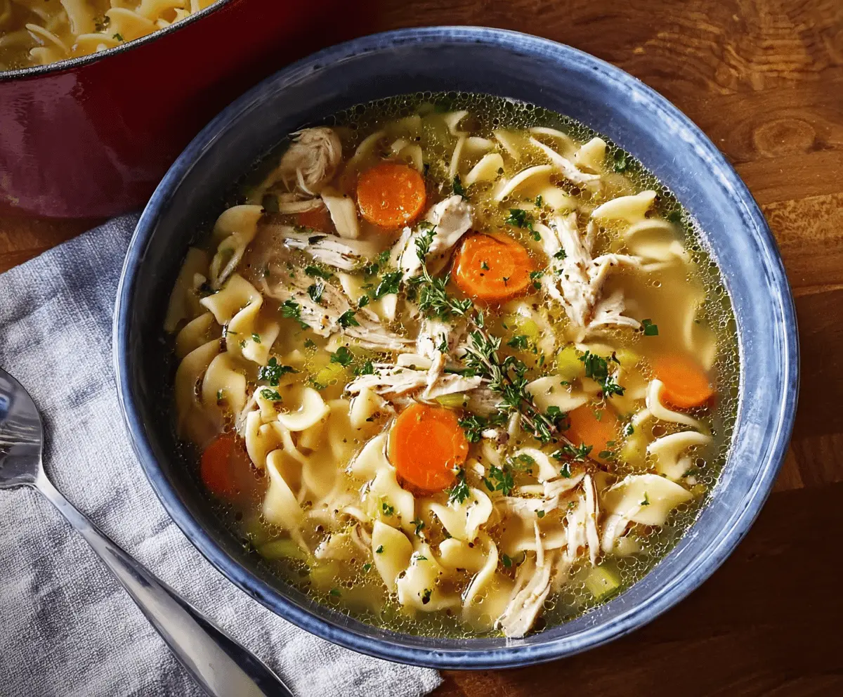 A steaming bowl of rotisserie chicken noodle soup garnished with fresh herbs and vegetables, served in a white ceramic bowl on a rustic wooden table.