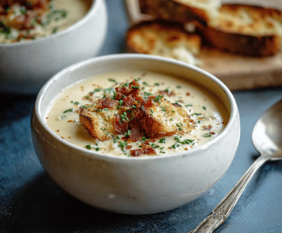 Creamy smoked Gouda potato soup served in a bowl with garnishes, perfect for a comforting, cheesy appetizer or main course.