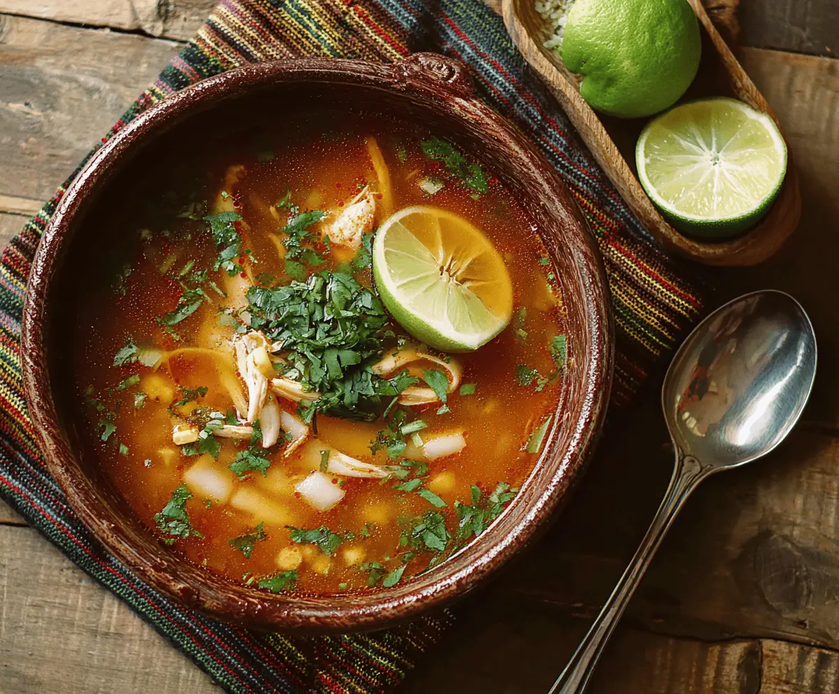 Delicious bowl of traditional Sopa de Lima with lime wedges, herbs, and shredded chicken, served in a rustic bowl for authentic Mexican flavor