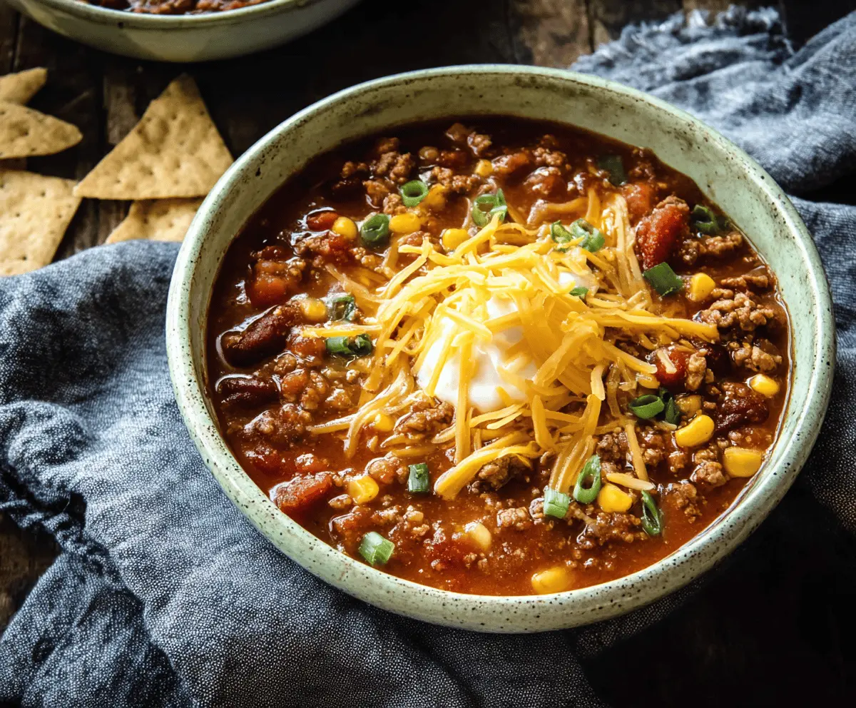 A steaming bowl of homemade stovetop chili topped with shredded cheese and fresh cilantro, served in a rustic bowl with a spoon ready to enjoy.