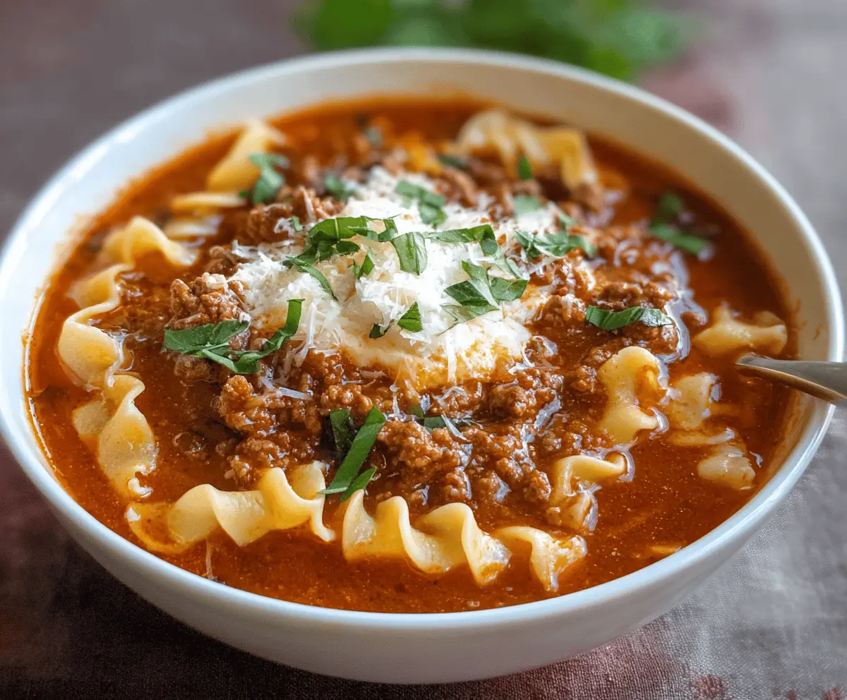 Creamy stovetop ground beef lasagna soup in a bowl with melted cheese, fresh herbs, and flavorful beef topping.