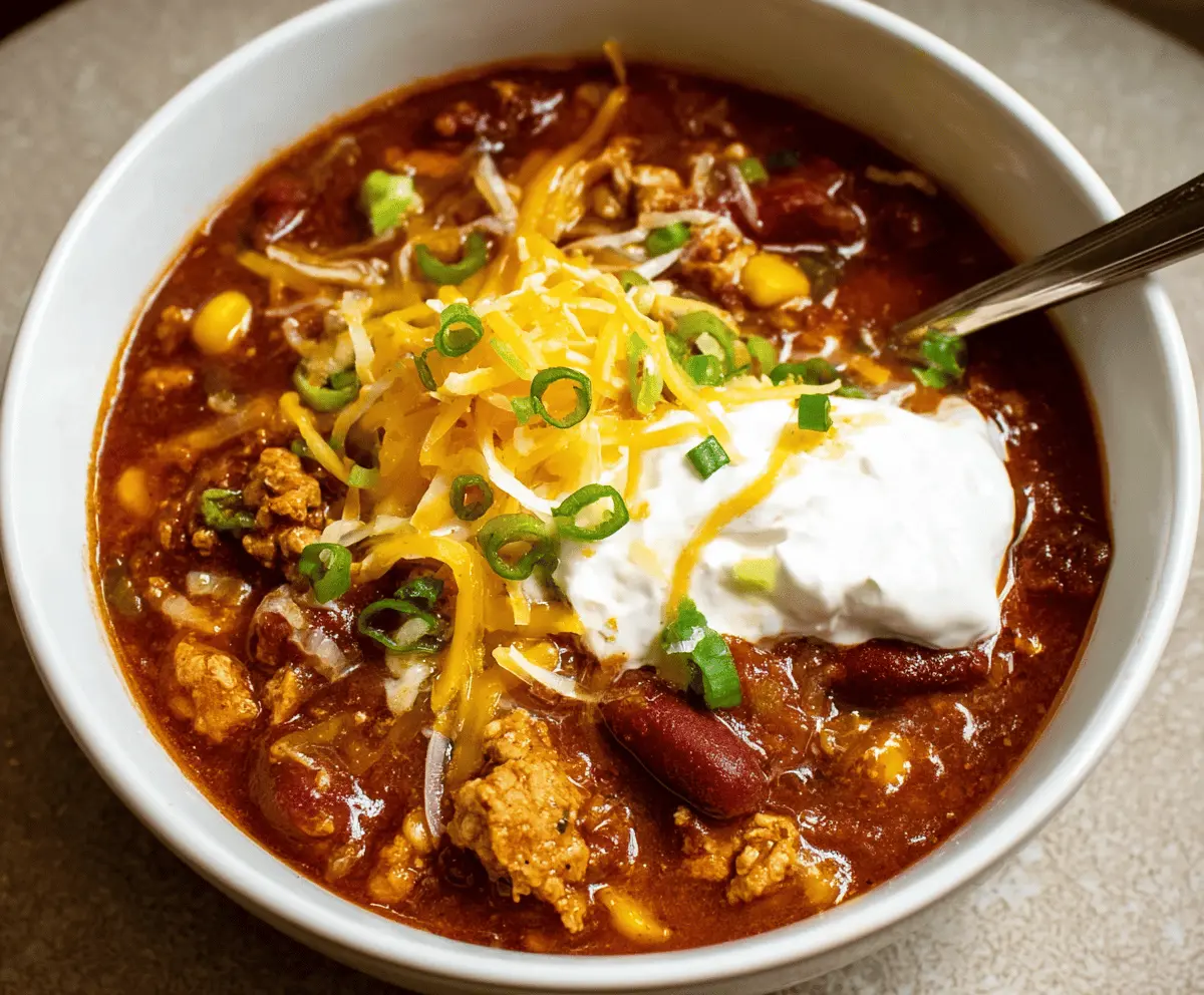A hearty bowl of homemade turkey chili topped with shredded cheese, fresh cilantro, and diced onions, served with a side of cornbread.