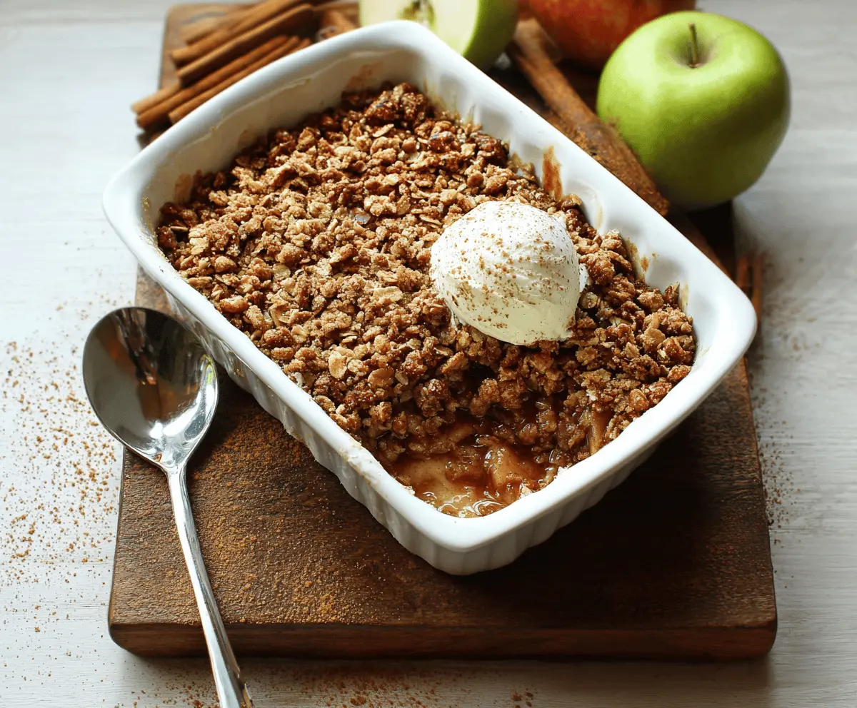 Delicious vegan apple crisp topped with crispy oats and cinnamon served in a bowl, perfect for a healthy dessert or snack