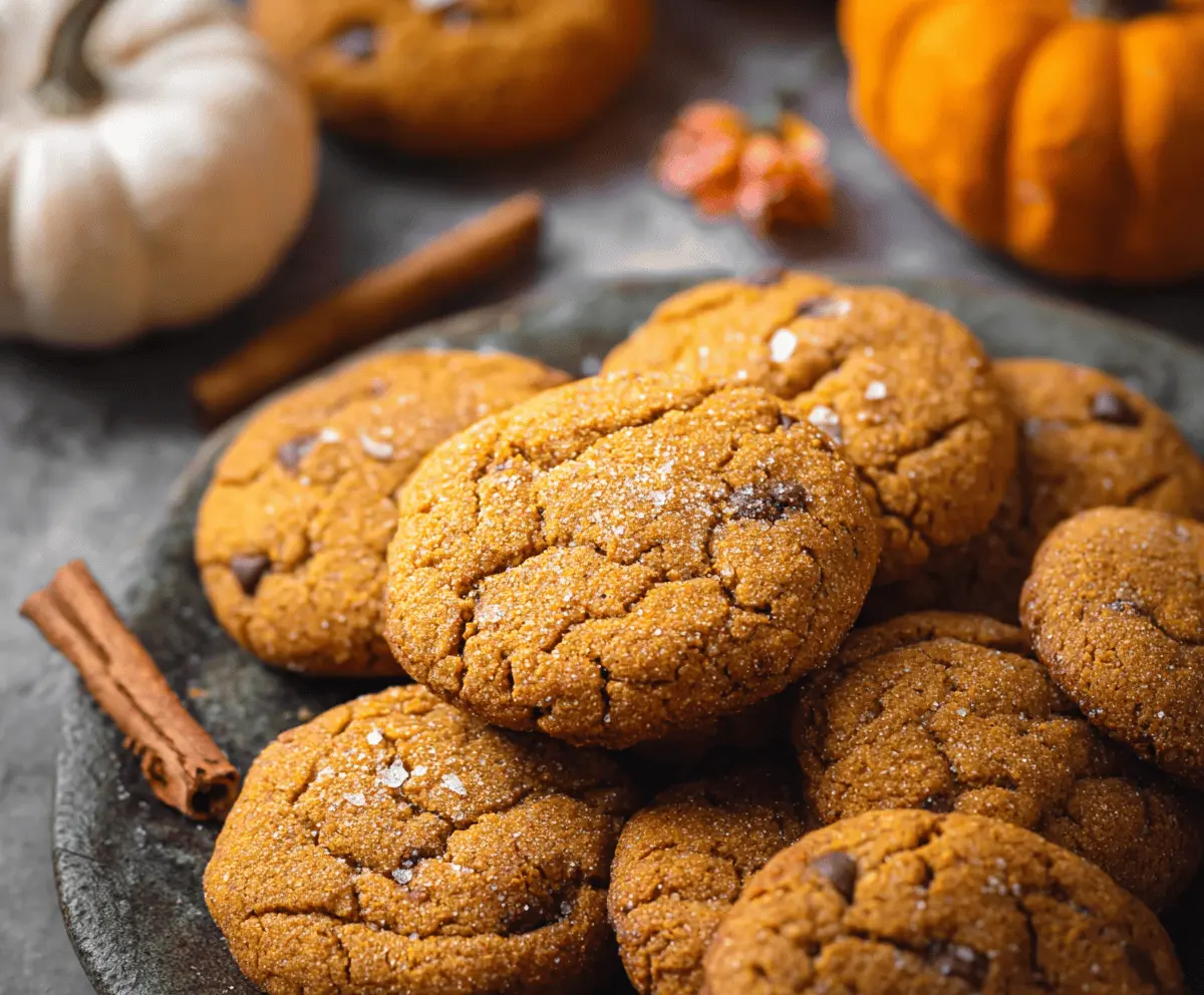 Delicious vegan pumpkin cookies with cinnamon and spices on a rustic plate, perfect for fall baking