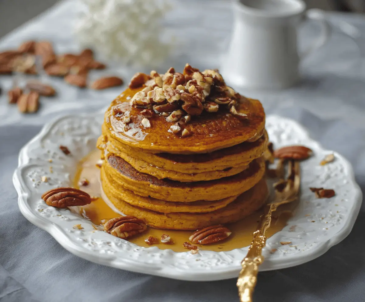 Vegan pumpkin pancakes topped with maple syrup and cinnamon, served on a plate with fresh autumn leaves