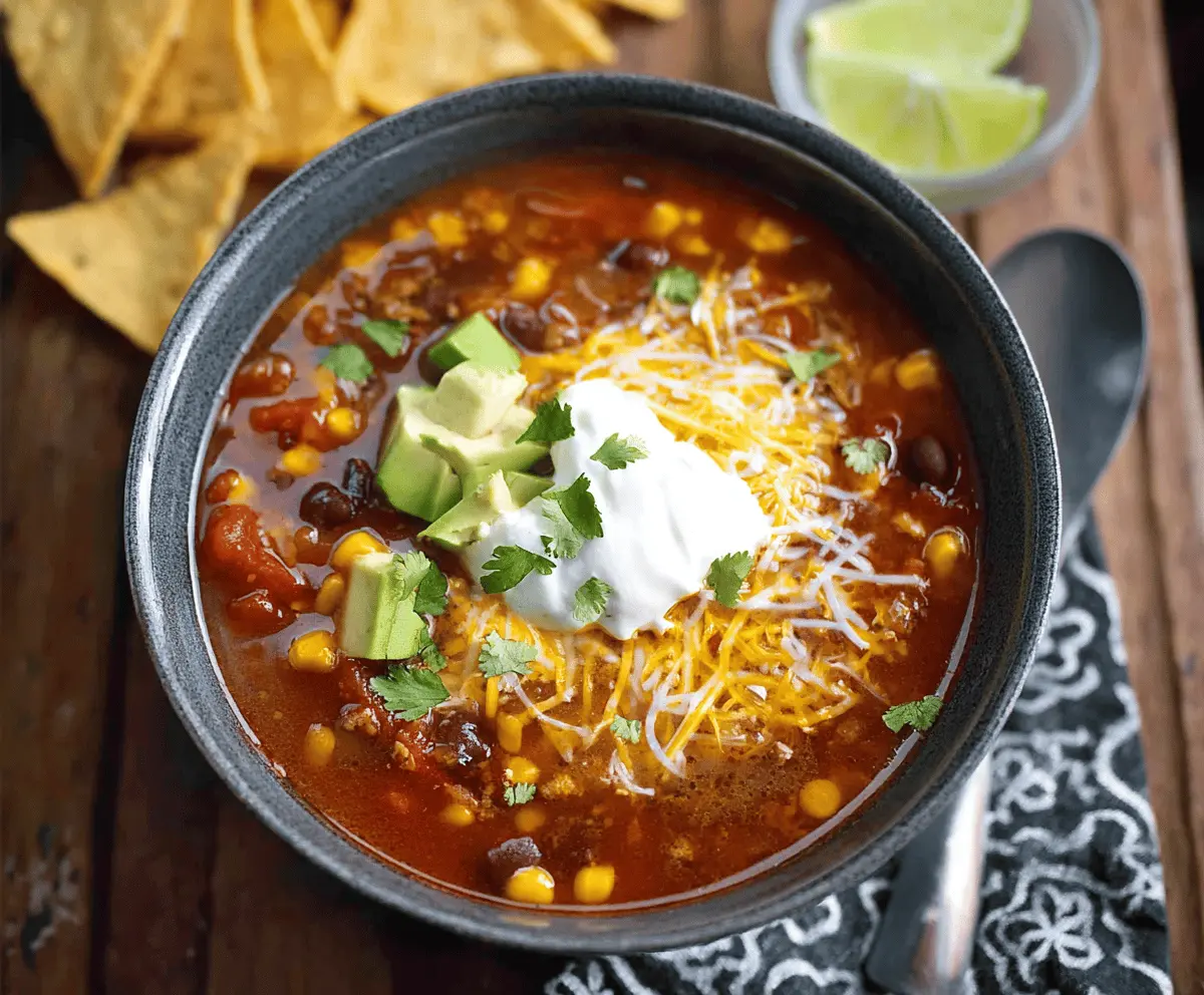 A bowl of hearty vegetarian taco soup topped with shredded cheese, fresh cilantro, and diced tomatoes, served with tortilla chips on the side.