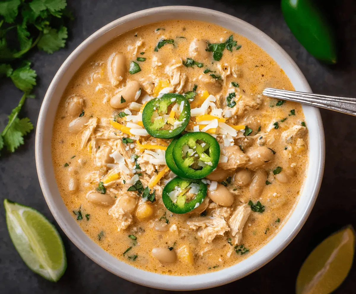 Creamy white chicken chili in a bowl garnished with fresh herbs, featuring tender chicken, white beans, and spices, served with tortilla chips on the side.