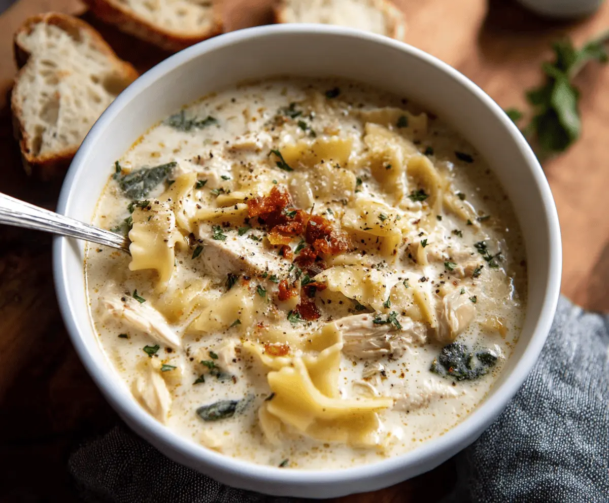 Creamy white chicken lasagna soup topped with melted cheese, fresh herbs, and tender shredded chicken in a savory broth