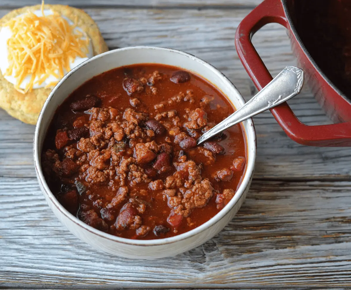 A steaming bowl of hearty 30-minute chili topped with shredded cheese, chopped cilantro, and diced onions, served with a side of cornbread on a rustic wooden table.