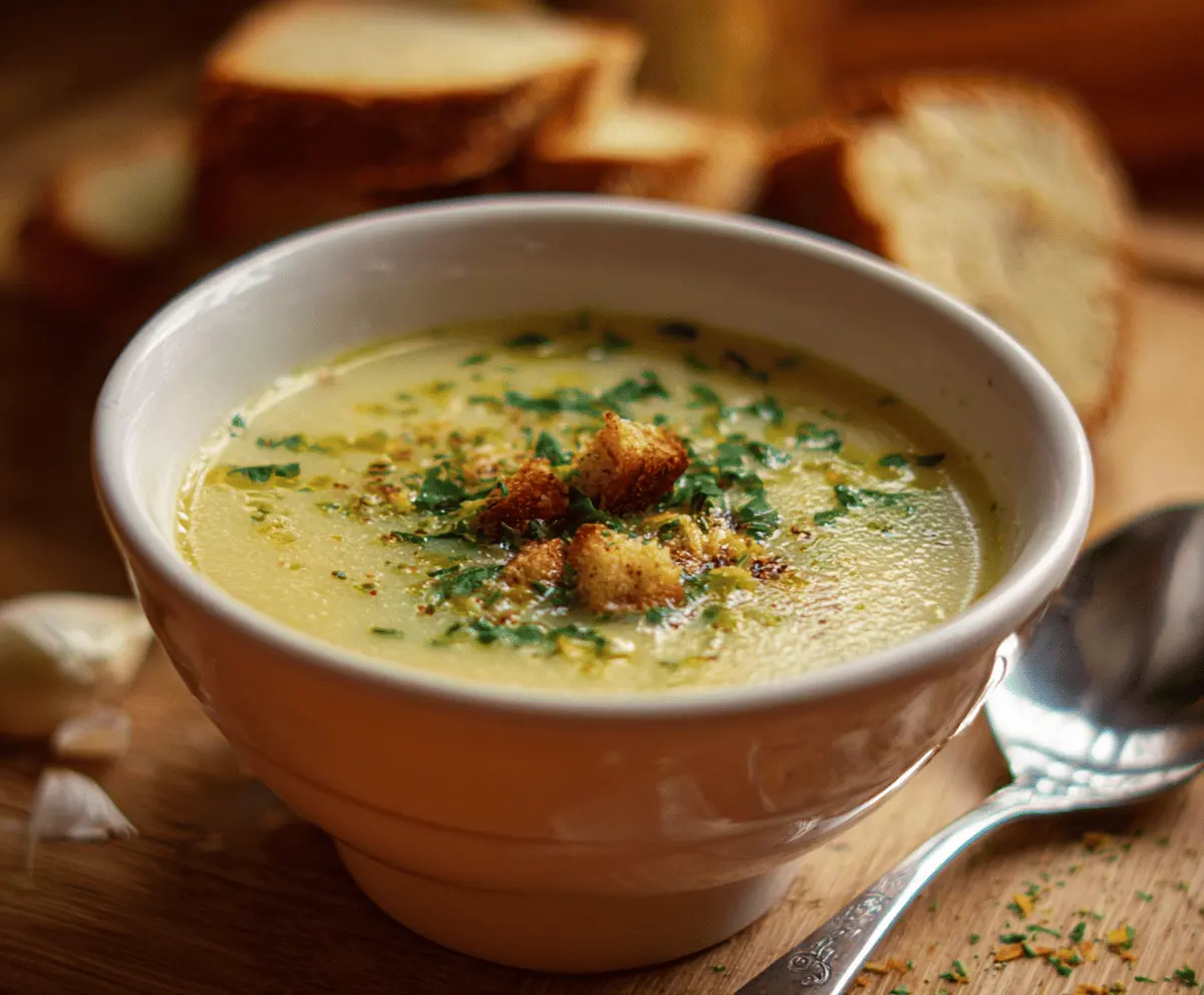 Creamy authentic Italian garlic soup garnished with fresh herbs and a drizzle of olive oil, served in a rustic bowl