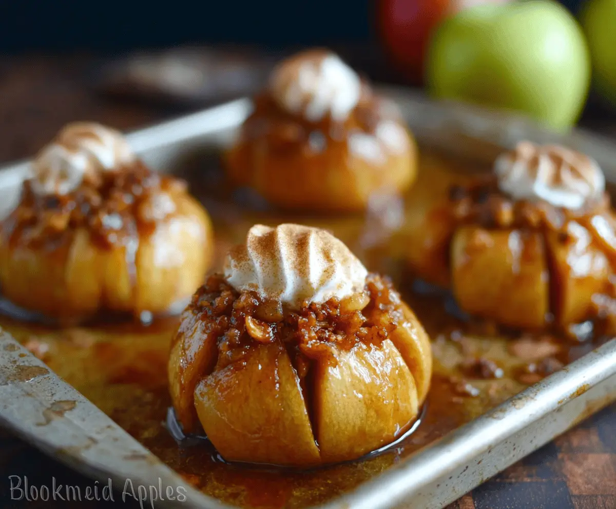 Delicious Baked Bloomin’ Apples topped with cinnamon and caramel sauce, served as a warm dessert