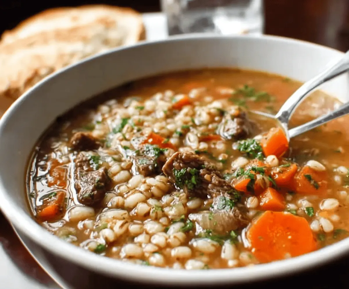 Hearty beef and barley soup in a bowl with vegetables and herbs, perfect for a comforting meal