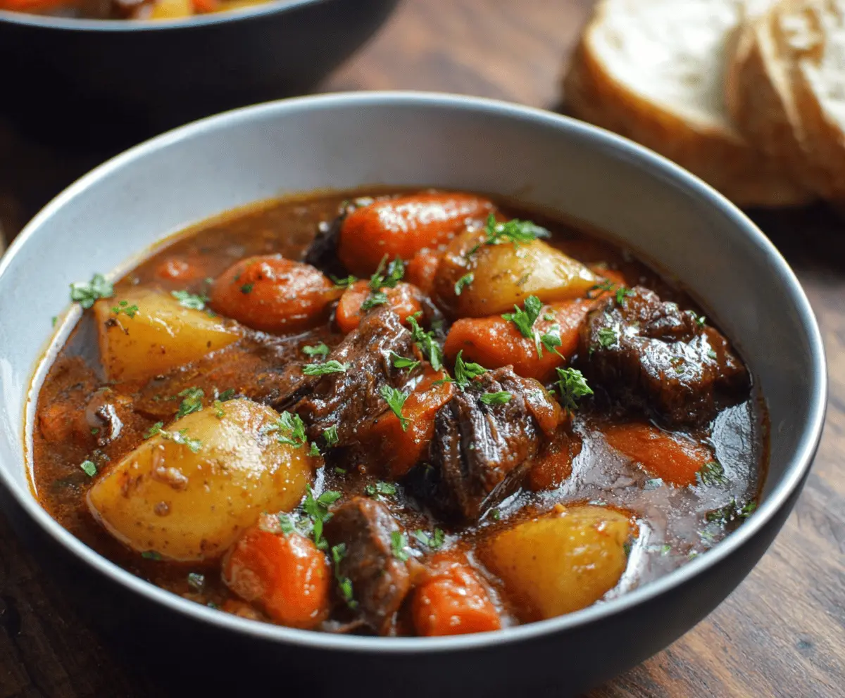 Hearty beef stew with tender carrots and potatoes in a rustic bowl, perfect for comforting family meals