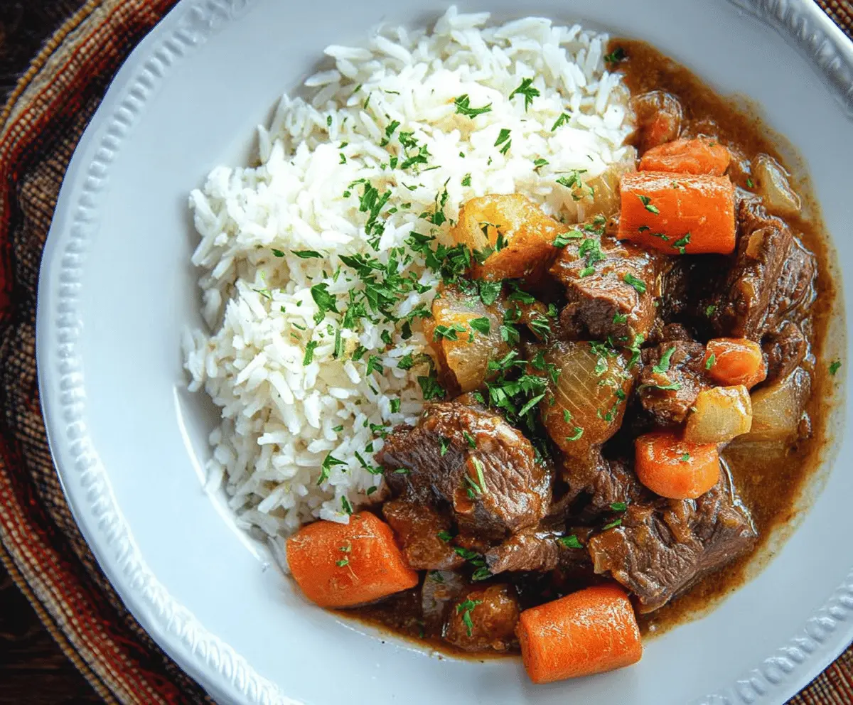 Hearty beef stew served with fluffy rice in a bowl, featuring tender beef chunks, vegetables, and flavorful broth for a comforting meal.