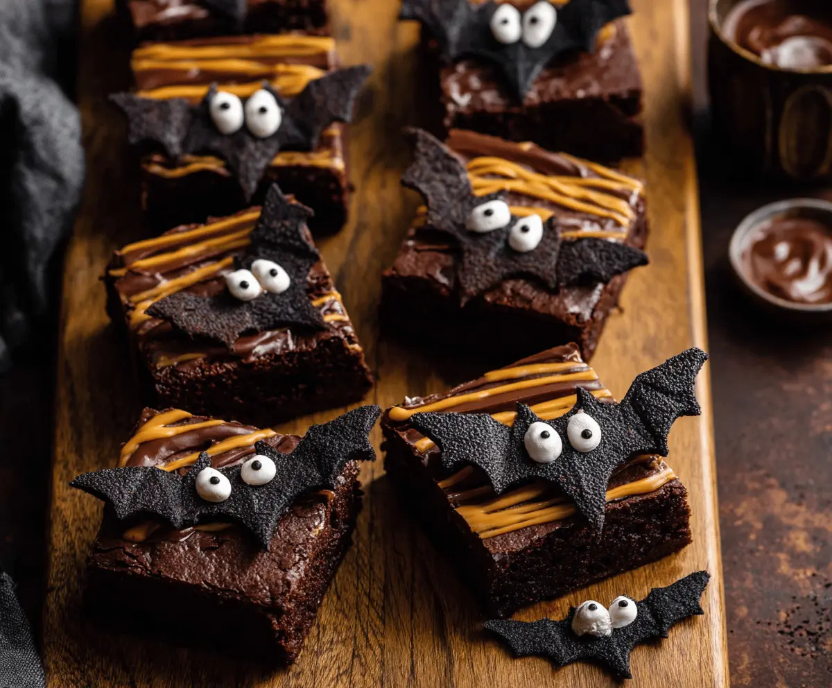 Delicious Black Bat Brownies with spooky bat-shaped decorations on top, perfect for Halloween treats