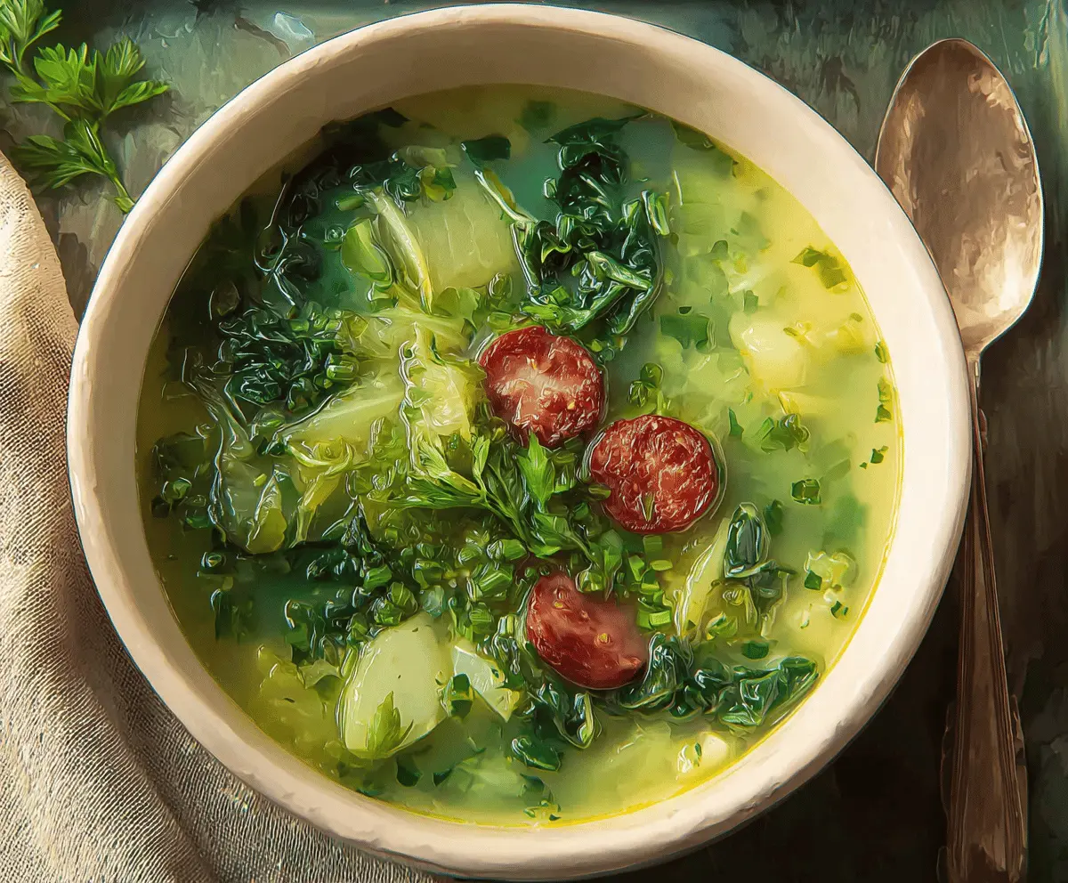 Hearty Caldo Verde soup with sliced chorizo, potatoes, kale, and onions in a rustic bowl, perfect for comforting homemade Portuguese cuisine.