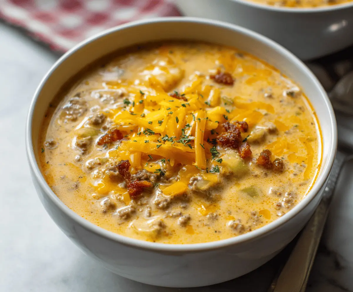 Creamy cheeseburger soup in a bowl topped with shredded cheese, diced onions, pickles, and a sprinkle of chopped herbs, served with a toasted bread roll.