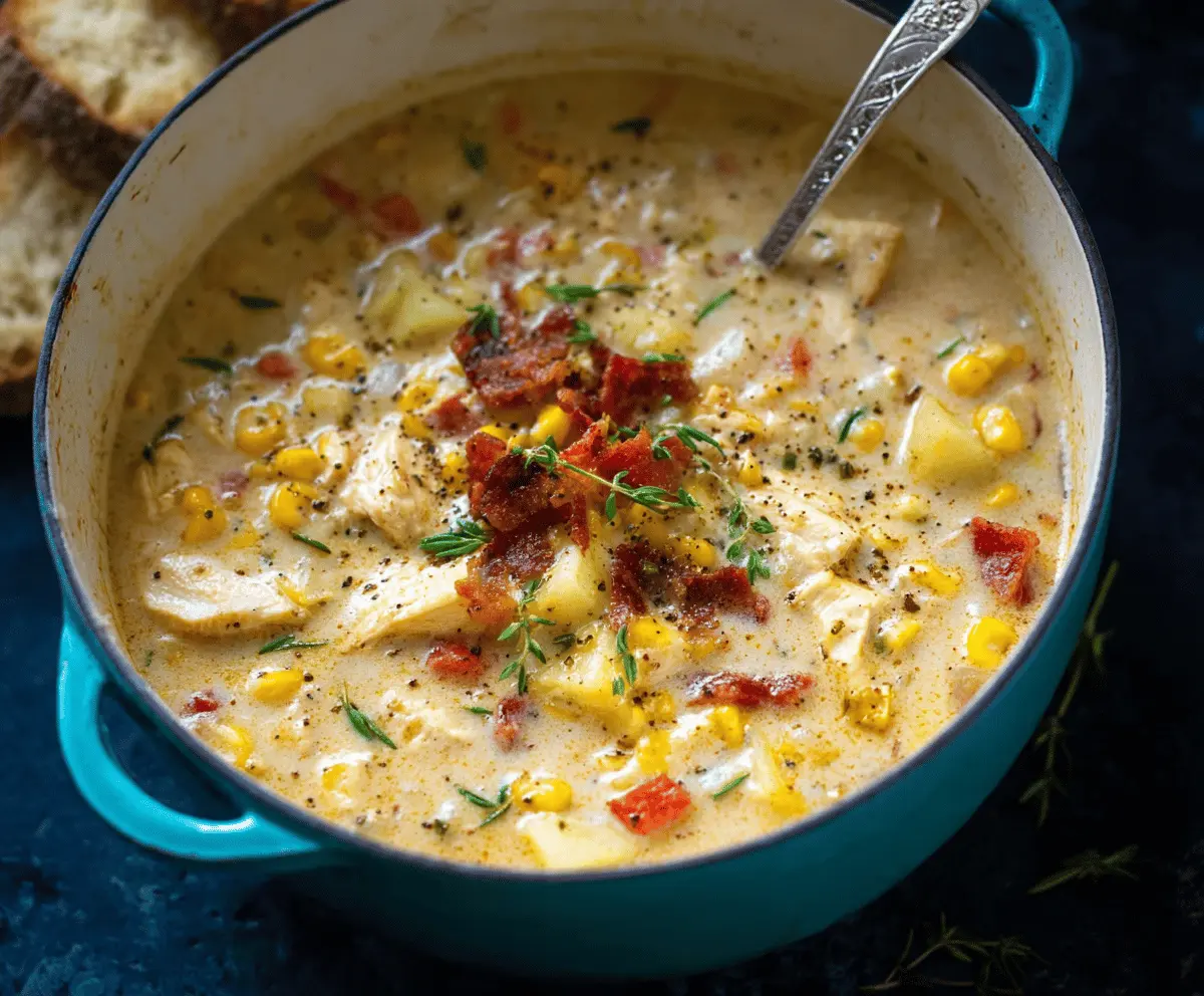 Creamy chicken corn chowder in a bowl topped with fresh herbs, served with crusty bread on a rustic table.