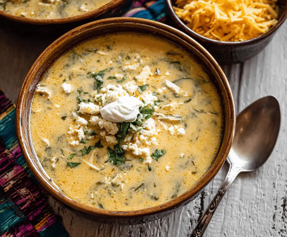 A bowl of Chile Relleno Soup garnished with cheese, cilantro, and chopped chiles, showcasing vibrant red and green chili flavors in a delicious, hearty Mexican soup.