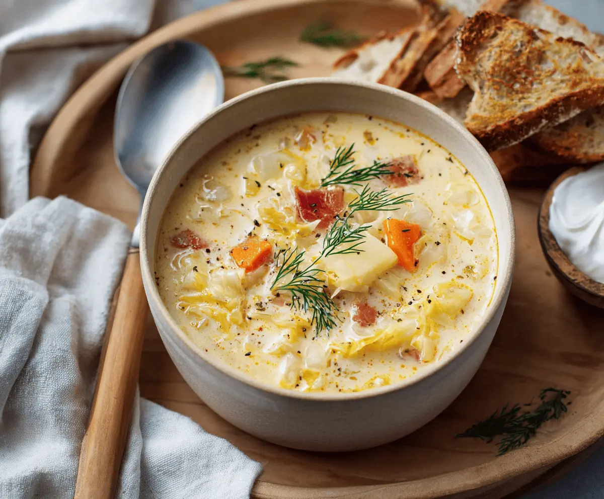 Creamy cabbage soup in a bowl garnished with fresh herbs, served with crusty bread on a rustic table.