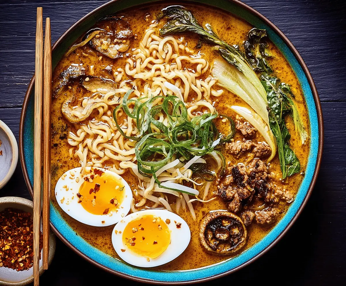 A steaming bowl of Curry Ramen Soup topped with sliced green onions, boiled eggs, and tender ramen noodles in a flavorful curry broth.