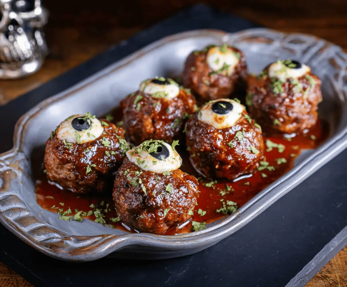 Spooky Eyeball Meatballs with mozzarella "eyeballs" topped with marinara sauce, perfect for Halloween party snacks