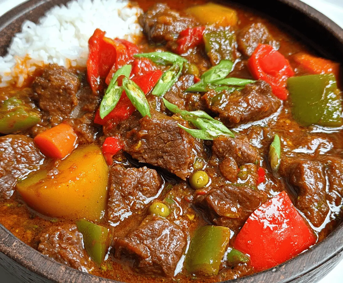 Delicious Filipino Beef Caldereta served with rice, featuring tender beef stew with vegetables and savory sauce