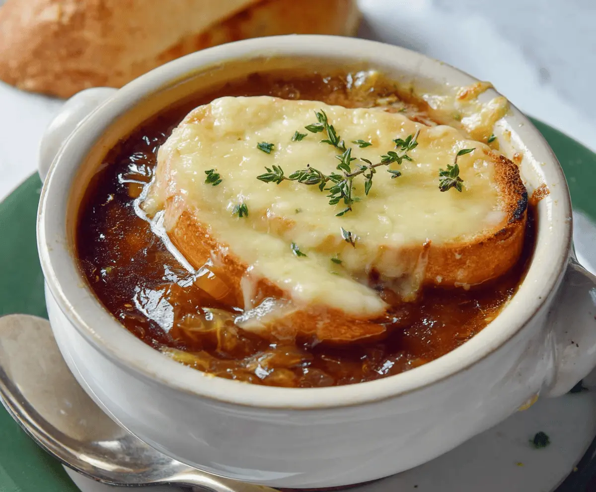 Creamy and flavorful French Onion Soup topped with melted cheese and crispy croutons, served in a rustic bowl perfect for a comforting appetizer or main course.