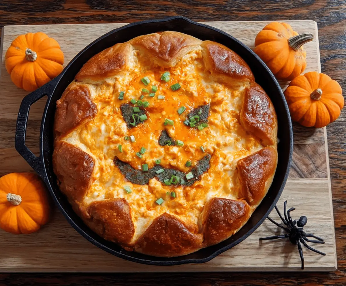 Spooky Halloween Buffalo Chicken Dip served in a bowl with celery sticks and tortilla chips, perfect for Halloween parties