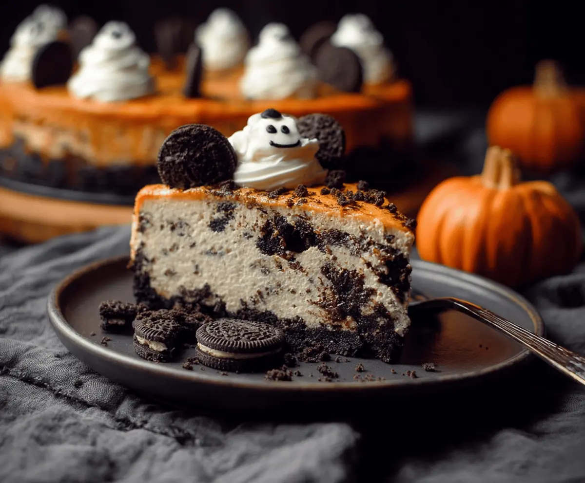 Delicious Halloween Cookies and Cream Cheesecake topped with chocolate cookies and spooky decorations for a festive treat