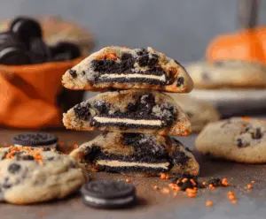 Delicious Halloween Oreo stuffed chocolate chip cookies with spooky decorations, perfect for trick-or-treat celebrations
