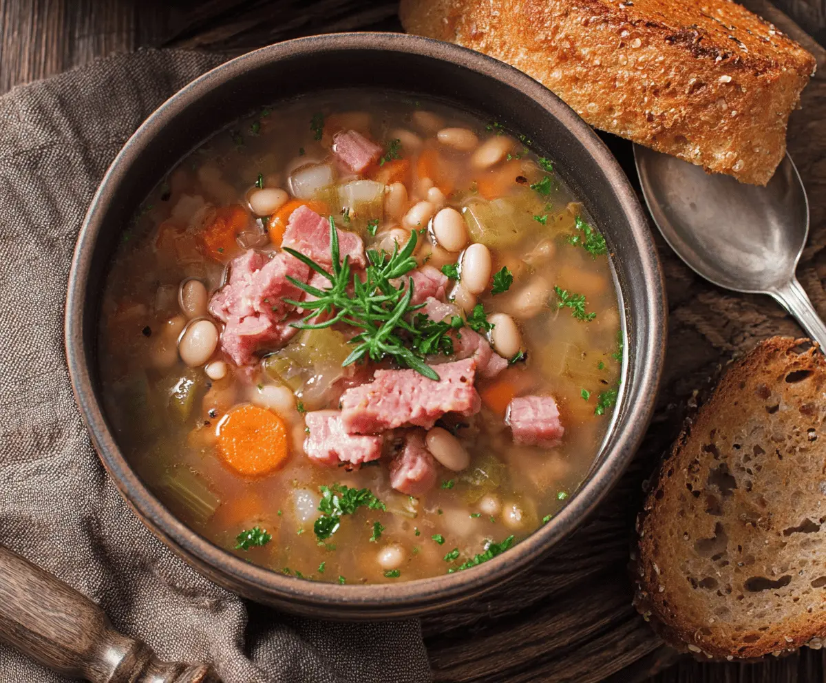 A steaming bowl of hearty ham and bean soup topped with fresh herbs and diced vegetables, served with crusty bread on a rustic wooden table.