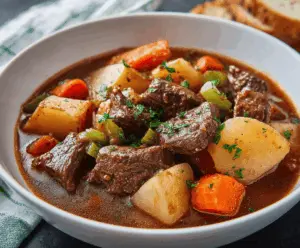 Hearty Irish Beef Stew with tender beef chunks, carrots, potatoes, and herbs in a savory broth served in a rustic bowl.
