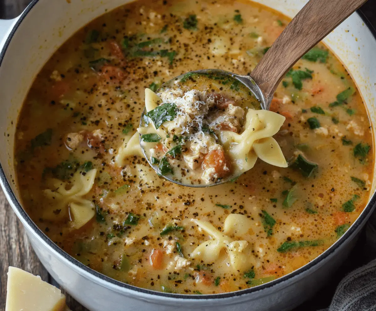 A bowl of Italian ground chicken soup garnished with fresh herbs, vegetables, and grated cheese, served in a rustic bowl on a wooden table.