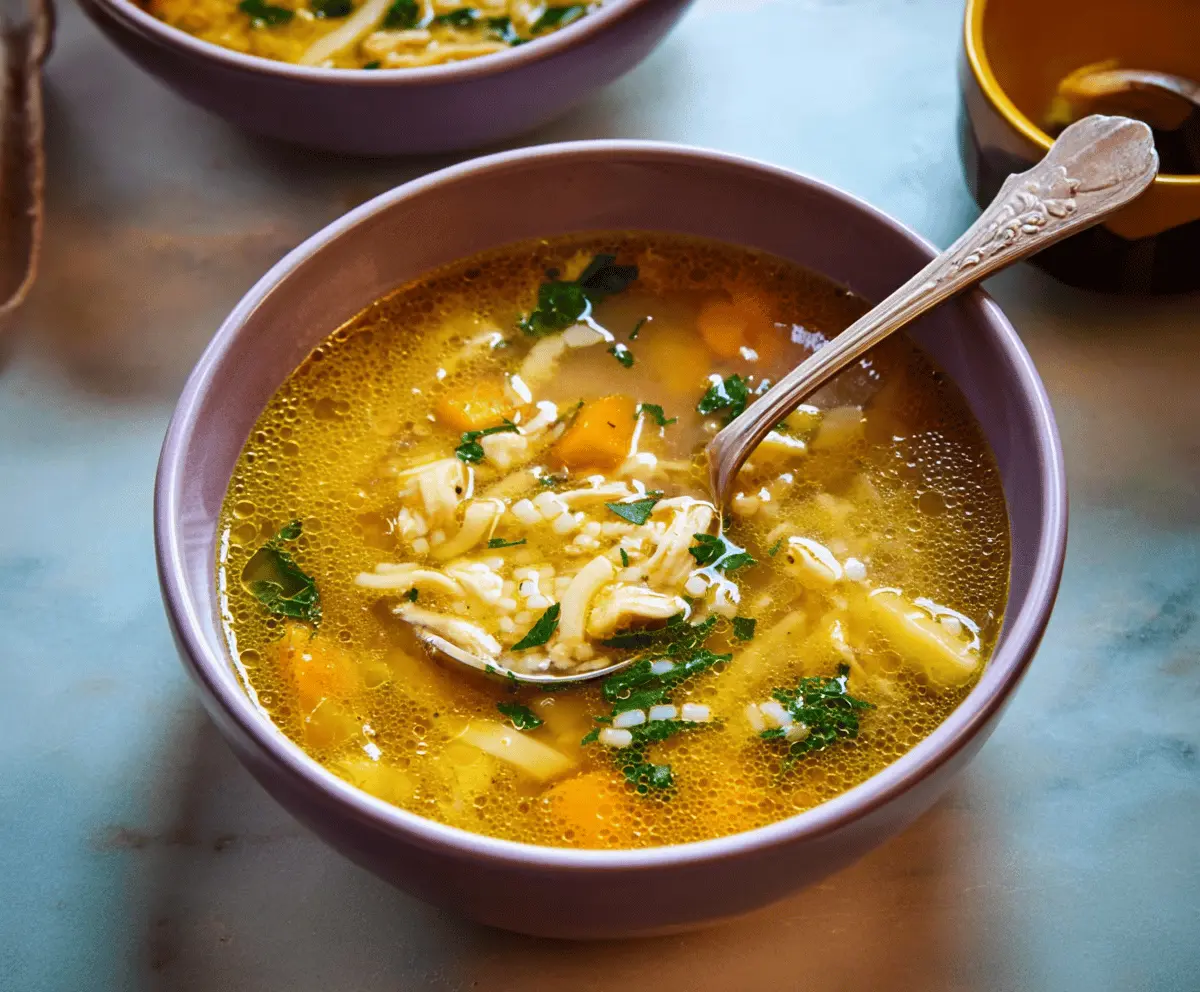 Creamy Italian Penicillin Soup with fresh herbs, vegetables, and crusty bread for a comforting and healing meal