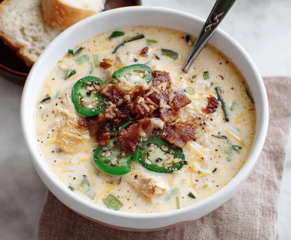 Creamy Jalapeño Popper Chicken Soup topped with melted cheese, crispy bacon, and fresh jalapeño slices in a bowl