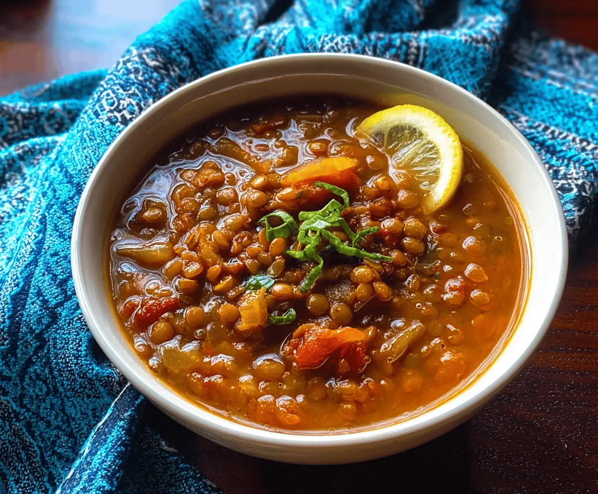 A bowl of hearty lentil soup garnished with fresh herbs, served with bread on a rustic wooden table.