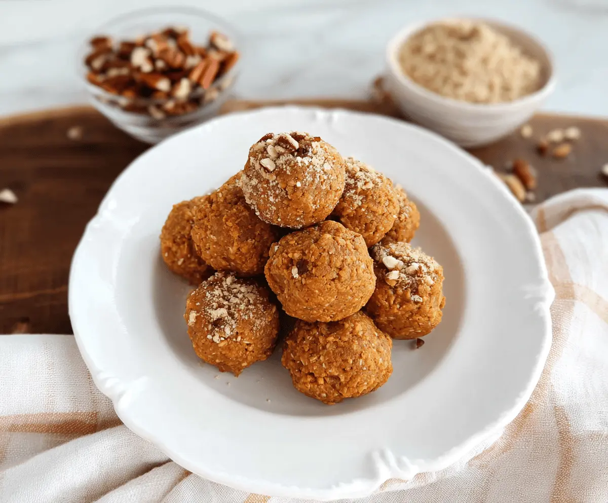 Delicious Maple Pecan Pumpkin Protein Balls on a white plate, showcasing a healthy, homemade snack with pumpkin, pecans, and a maple glaze.