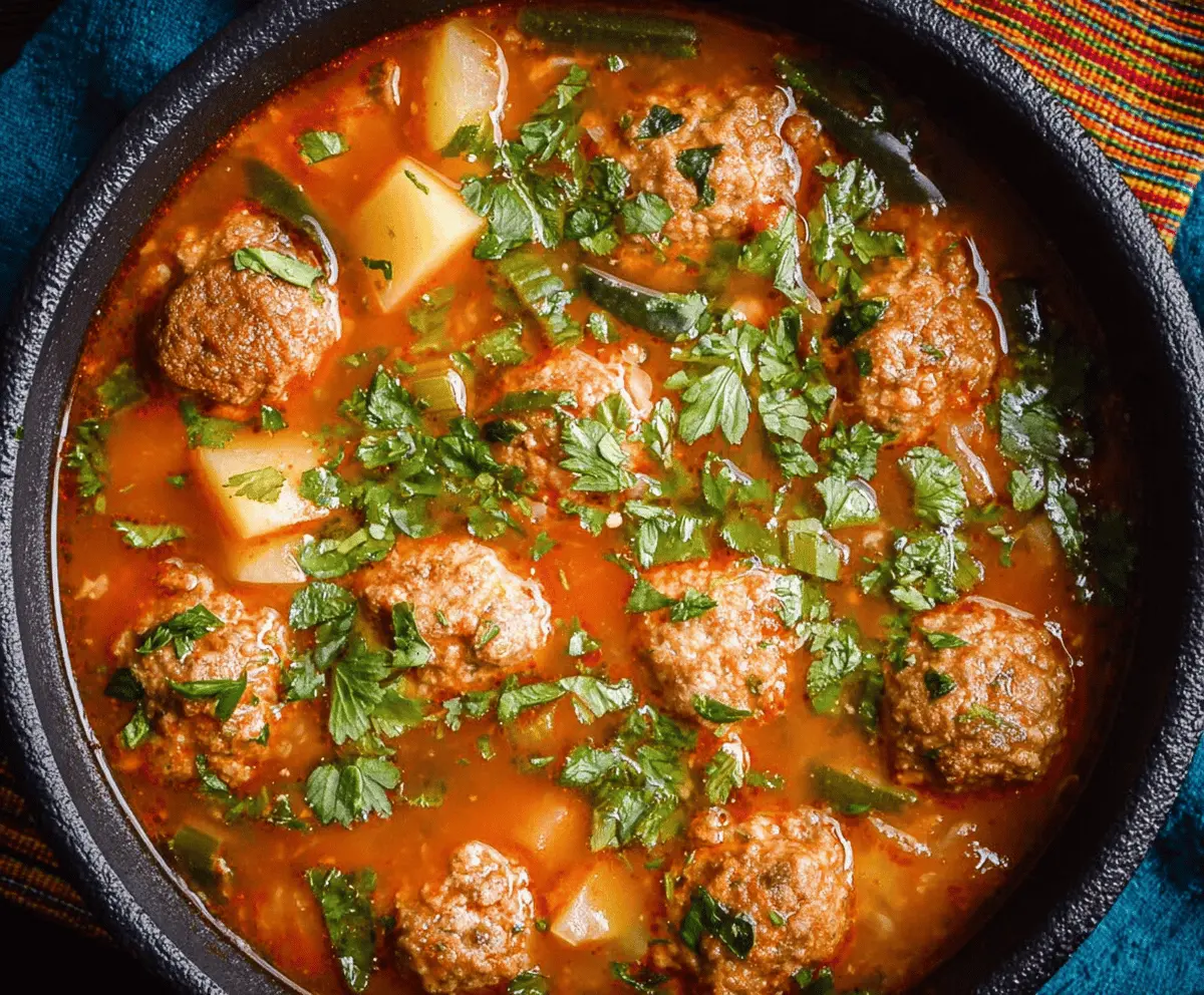 A bowl of steaming Mexican Albondigas Soup featuring meatball dumplings, fresh vegetables, and herbs in a flavorful broth, perfect for a hearty and traditional Mexican meal.