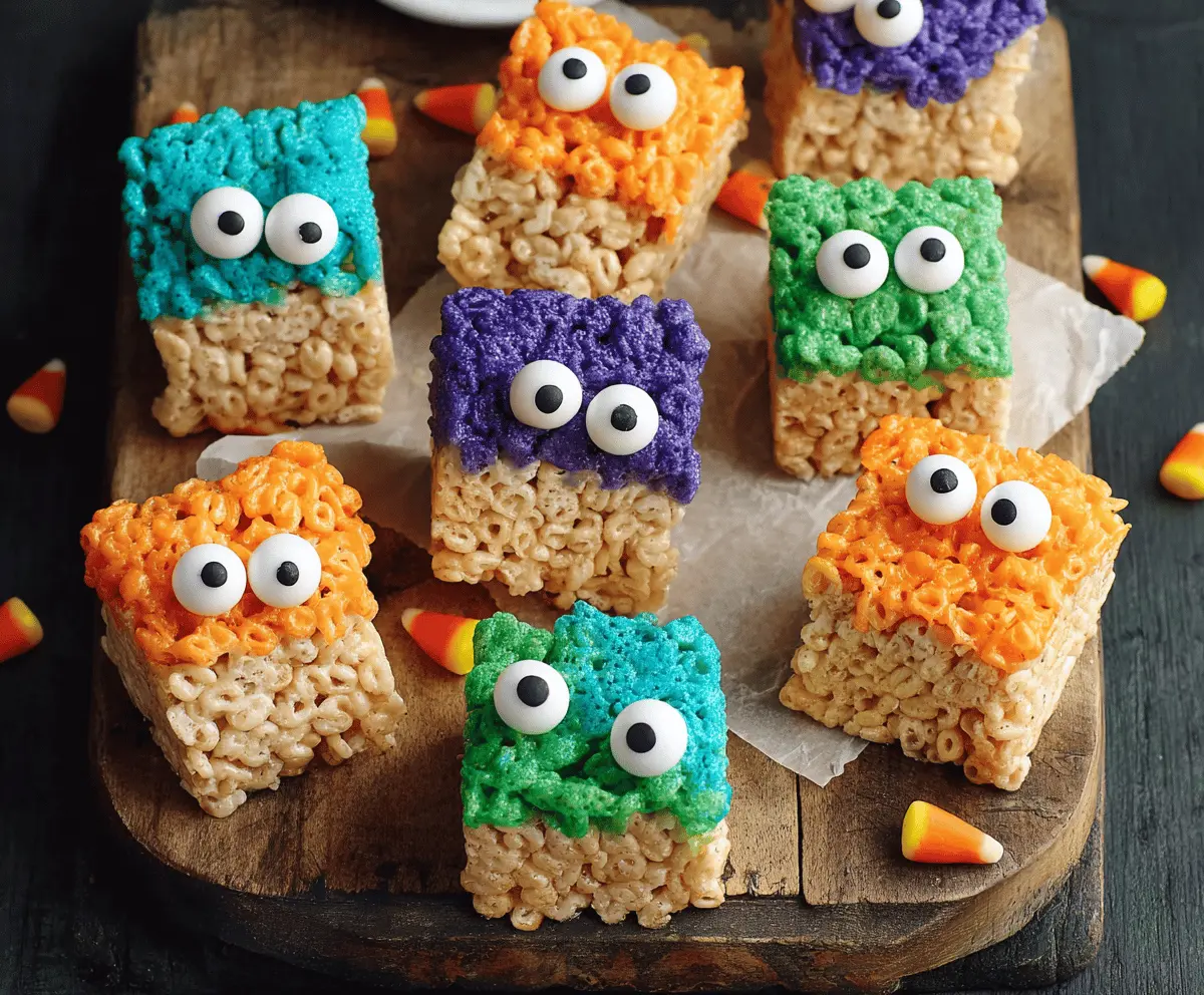 Colorful Monster Rice Krispie Treats decorated with vibrant candy eyes and colorful sprinkles, perfect for kids' parties
