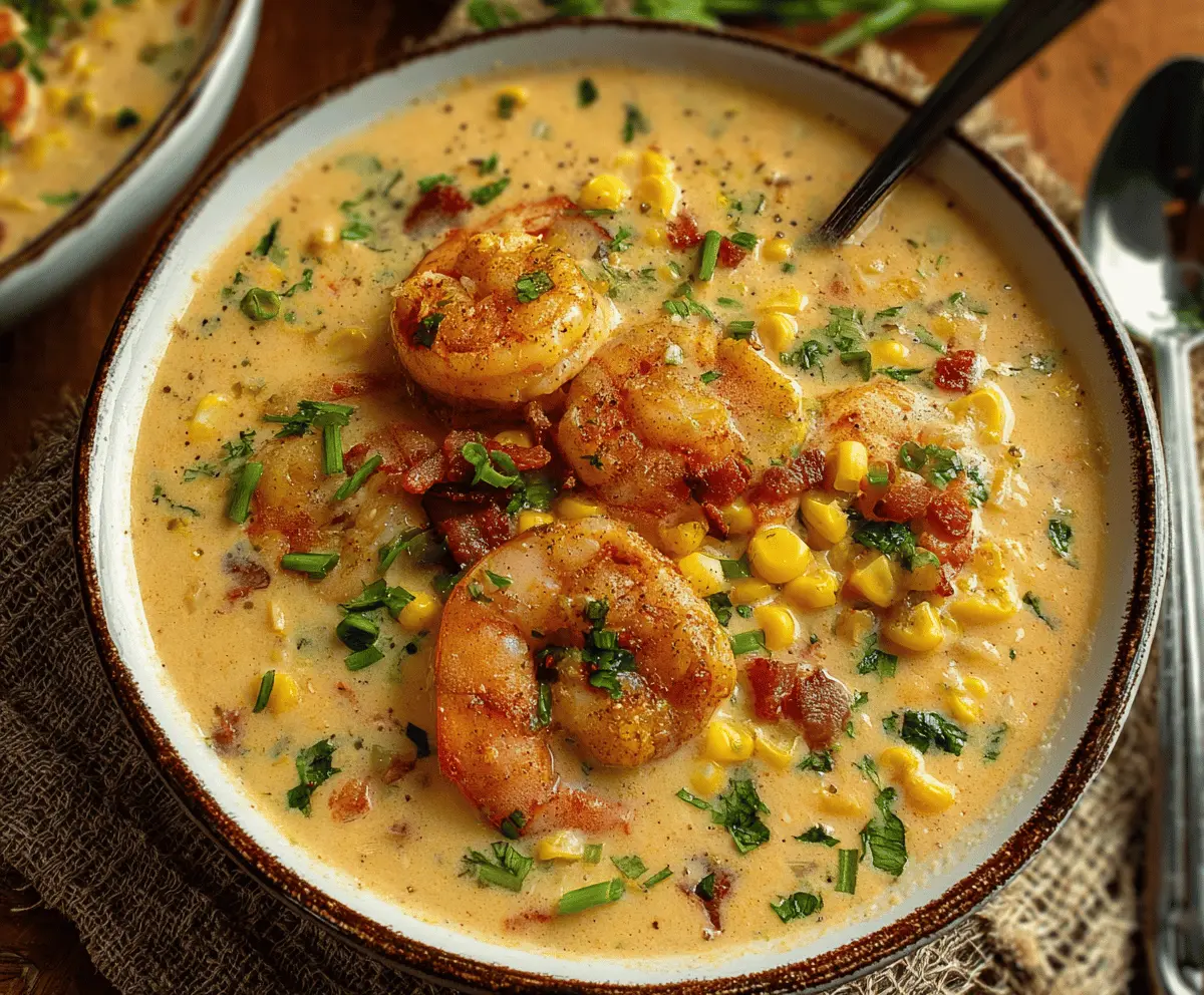 Creamy New Orleans Shrimp and Corn Bisque served in a bowl, featuring shrimp, corn, and herbs, perfect for a flavorful seafood soup experience.