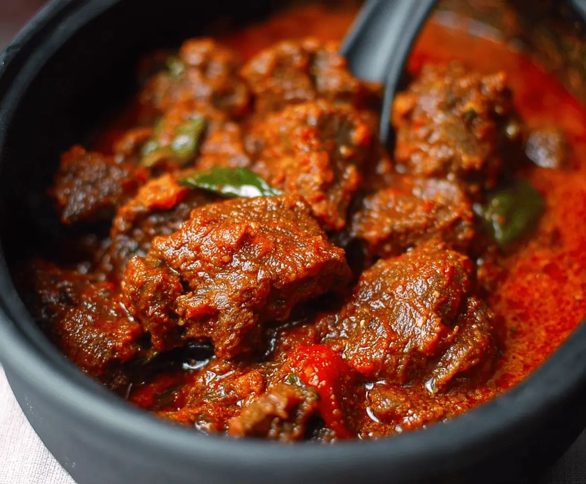 Delicious Nigerian Beef Stew featuring tender beef, vibrant tomatoes, peppers, and spices served in a rustic bowl.